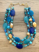 Load image into Gallery viewer, Ladies Drink Free Chunky Statement Necklace, blue beaded necklace, golden colorful jewelry multi strand necklace bib gold beads turquoise
