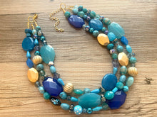 Load image into Gallery viewer, Ladies Drink Free Chunky Statement Necklace, blue beaded necklace, golden colorful jewelry multi strand necklace bib gold beads turquoise