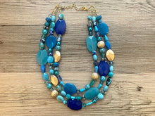 Load image into Gallery viewer, Ladies Drink Free Chunky Statement Necklace, blue beaded necklace, golden colorful jewelry multi strand necklace bib gold beads turquoise