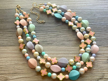 Load image into Gallery viewer, Flower Basket Necklace, Triple Pastel Rainbow Beaded Necklace, Colorful Jewelry, Chunky statement, rainbow baby confetti green pink coral