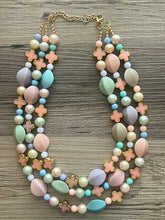 Load image into Gallery viewer, Flower Basket Necklace, Triple Pastel Rainbow Beaded Necklace, Colorful Jewelry, Chunky statement, rainbow baby confetti green pink coral