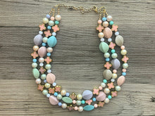 Load image into Gallery viewer, Flower Basket Necklace, Triple Pastel Rainbow Beaded Necklace, Colorful Jewelry, Chunky statement, rainbow baby confetti green pink coral