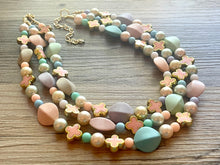 Load image into Gallery viewer, Flower Basket Necklace, Triple Pastel Rainbow Beaded Necklace, Colorful Jewelry, Chunky statement, rainbow baby confetti green pink coral