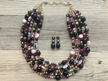 Load image into Gallery viewer, Black Jewel Tone Statement Necklace, Chunky 5 Strand Jewelry, black purple lavender red necklace, silver bib beaded necklace earrings