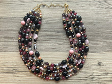 Load image into Gallery viewer, Black Jewel Tone Statement Necklace, Chunky 5 Strand Jewelry, black purple lavender red necklace, silver bib beaded necklace earrings