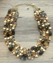 Load image into Gallery viewer, Cairo chunky necklace, Gold & Black Wanderlust Collection beaded jewelry, resin beaded necklace, neutral necklace, white wood tan