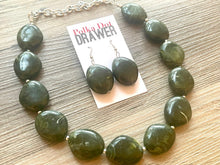 Load image into Gallery viewer, Olive Green Chunky Statement Necklace, Big beaded jewelry, Single Strand Statement Necklace, Bib necklace, green bridesmaid wedding, praline