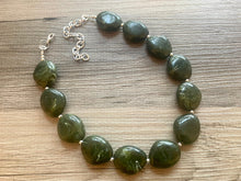 Load image into Gallery viewer, Olive Green Chunky Statement Necklace, Big beaded jewelry, Single Strand Statement Necklace, Bib necklace, green bridesmaid wedding, praline
