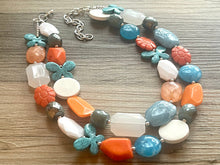 Load image into Gallery viewer, Blue Butterfly Chunky Statement Necklace double Strand Beaded jewelry, bridesmaid bib blue orange necklace, white aqua necklace