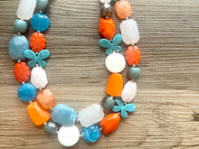 Load image into Gallery viewer, Blue Butterfly Chunky Statement Necklace double Strand Beaded jewelry, bridesmaid bib blue orange necklace, white aqua necklace
