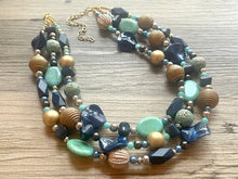 Load image into Gallery viewer, Royal Engagement Chunky Statement Necklace, gold bib necklace, tan champagne blue green, wedding bridesmaid chunky neutral