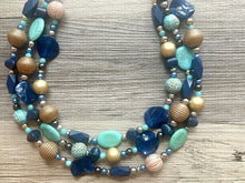 Load image into Gallery viewer, Royal Engagement Chunky Statement Necklace, gold bib necklace, tan champagne blue green, wedding bridesmaid chunky neutral