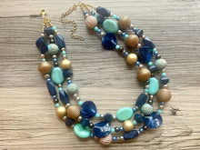 Load image into Gallery viewer, Royal Engagement Chunky Statement Necklace, gold bib necklace, tan champagne blue green, wedding bridesmaid chunky neutral