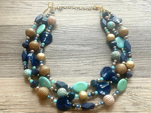 Load image into Gallery viewer, Royal Engagement Chunky Statement Necklace, gold bib necklace, tan champagne blue green, wedding bridesmaid chunky neutral