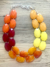 Load image into Gallery viewer, Fall Hayride Necklace, Double Layer Statement Jewelry, autumn Statement Necklace, orange red Wedding Bridesmaid Jewelry, yellow champagne