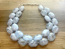 Load image into Gallery viewer, Sky Blue Double Strand Statement Necklace,  Chunky Periwinkle Oval Beaded Bib Jewelry earrings, blue jewelry set, baby blue jewelry