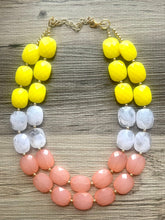 Load image into Gallery viewer, Sunshine & Sunsets Chunky Statement Necklace, coral white yellow beaded necklace, jewelry multi strand necklace pink peach