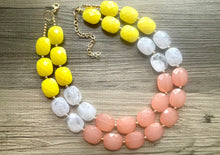 Load image into Gallery viewer, Sunshine & Sunsets Chunky Statement Necklace, coral white yellow beaded necklace, jewelry multi strand necklace pink peach