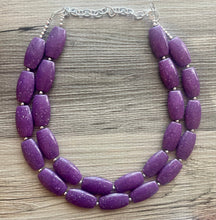Load image into Gallery viewer, Purple Geometric Beaded Necklace, Multi Strand Acrylic Beaded Jewelry, Chunky bib jewelry, dark purple beaded necklace, big bead