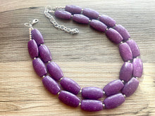 Load image into Gallery viewer, Purple Geometric Beaded Necklace, Multi Strand Acrylic Beaded Jewelry, Chunky bib jewelry, dark purple beaded necklace, big bead