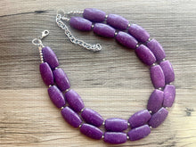 Load image into Gallery viewer, Purple Geometric Beaded Necklace, Multi Strand Acrylic Beaded Jewelry, Chunky bib jewelry, dark purple beaded necklace, big bead
