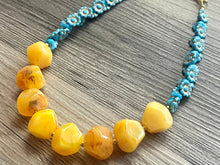 Load image into Gallery viewer, Blue & Yellow Daisy Chain Statement Necklace, chunky necklace jewelry, flower necklace, gold jewelry aqua blue double strand nugget marigold