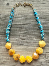 Load image into Gallery viewer, Blue & Yellow Daisy Chain Statement Necklace, chunky necklace jewelry, flower necklace, gold jewelry aqua blue double strand nugget marigold