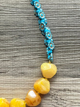 Load image into Gallery viewer, Blue & Yellow Daisy Chain Statement Necklace, chunky necklace jewelry, flower necklace, gold jewelry aqua blue double strand nugget marigold
