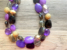 Load image into Gallery viewer, Singapore Neons chunky necklace, Wanderlust Collection beaded jewelry, resin beaded Ombré necklace, purple black gold resin