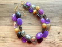 Load image into Gallery viewer, Singapore Neons chunky necklace, Wanderlust Collection beaded jewelry, resin beaded Ombré necklace, purple black gold resin
