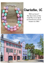 Load image into Gallery viewer, Charleston Rainbow Row chunky necklace, Wanderlust Collection beaded jewelry, resin beaded Ombré necklace, purple pink mint coral peach