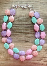 Load image into Gallery viewer, Charleston Rainbow Row chunky necklace, Wanderlust Collection beaded jewelry, resin beaded Ombré necklace, purple pink mint coral peach