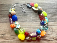 Load image into Gallery viewer, Tokyo Square Rainbow chunky necklace, Wanderlust Collection beaded jewelry, resin beaded Gray necklace, red yellow gray blue turquoise black