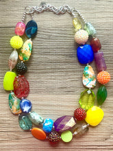 Load image into Gallery viewer, Tokyo Square Rainbow chunky necklace, Wanderlust Collection beaded jewelry, resin beaded Gray necklace, red yellow gray blue turquoise black