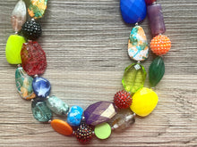 Load image into Gallery viewer, Tokyo Square Rainbow chunky necklace, Wanderlust Collection beaded jewelry, resin beaded Gray necklace, red yellow gray blue turquoise black