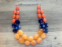 Load image into Gallery viewer, Orange & Navy Blue Chunky Statement Necklace, Big beaded jewelry, Double Strand Statement Necklace, Bib necklace, sport bridesmaid wedding