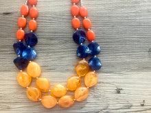 Load image into Gallery viewer, Orange & Navy Blue Chunky Statement Necklace, Big beaded jewelry, Double Strand Statement Necklace, Bib necklace, sport bridesmaid wedding