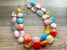 Load image into Gallery viewer, Barcelona Mosaic chunky necklace, Wanderlust Collection beaded jewelry, resin beaded Ombré necklace, purple pink blue gold resin