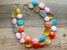 Load image into Gallery viewer, Barcelona Mosaic chunky necklace, Wanderlust Collection beaded jewelry, resin beaded Ombré necklace, purple pink blue gold resin