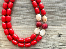Load image into Gallery viewer, Fiery Red Chunky Statement Necklace, Big beaded jewelry, Double Strand Statement Necklace, Bib necklace, red bridesmaid wedding cream