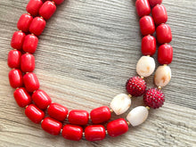 Load image into Gallery viewer, Fiery Red Chunky Statement Necklace, Big beaded jewelry, Double Strand Statement Necklace, Bib necklace, red bridesmaid wedding cream