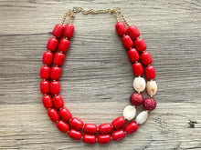 Load image into Gallery viewer, Fiery Red Chunky Statement Necklace, Big beaded jewelry, Double Strand Statement Necklace, Bib necklace, red bridesmaid wedding cream