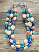 Load image into Gallery viewer, Beachfront Necklace, Triple strand bright jewelry, big beaded chunky statement, summer necklace, cream coral blue turquoise