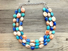 Load image into Gallery viewer, Beachfront Necklace, Triple strand bright jewelry, big beaded chunky statement, summer necklace, cream coral blue turquoise