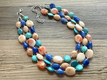 Load image into Gallery viewer, Beachfront Necklace, Triple strand bright jewelry, big beaded chunky statement, summer necklace, cream coral blue turquoise