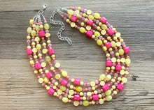 Load image into Gallery viewer, 5 Strand Raspberry Lemonade Chunky Statement Necklace + earrings, yellow pink beaded necklace, colorful jewelry lemon