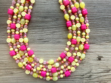 Load image into Gallery viewer, 5 Strand Raspberry Lemonade Chunky Statement Necklace + earrings, yellow pink beaded necklace, colorful jewelry lemon