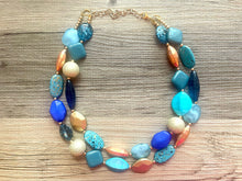 Load image into Gallery viewer, Sydney Skyline chunky necklace, Wanderlust Collection beaded jewelry, resin beaded Ombré necklace, blue copper gold turquoise aqua