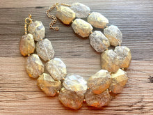 Load image into Gallery viewer, Golden Crackle Necklace, Double strand bright jewelry, big beaded chunky statement, summer necklace, resin white clear gold white painted