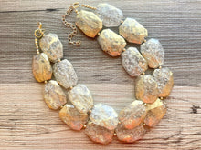 Load image into Gallery viewer, Golden Crackle Necklace, Double strand bright jewelry, big beaded chunky statement, summer necklace, resin white clear gold white painted